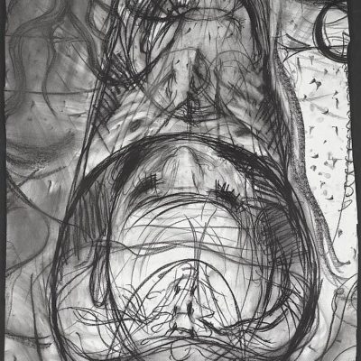 In the MRI: Cof n and Chrysalis, charcoal on paper, 56" x 30", 2011.